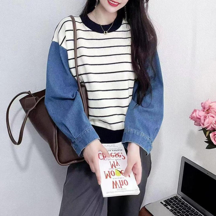 Dame mode sweater med denim ærmer Stilla