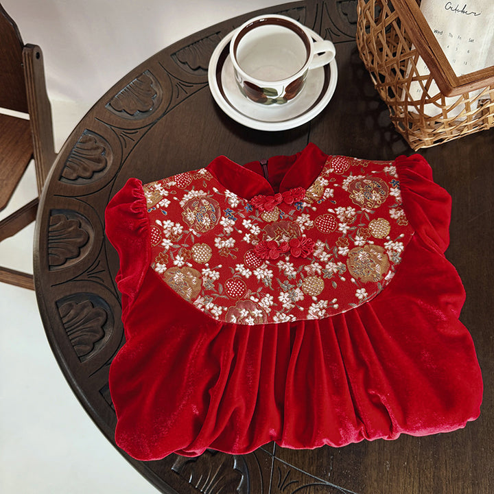 Pige Elegant Fløjlskjole med Florale Broderier Stilla