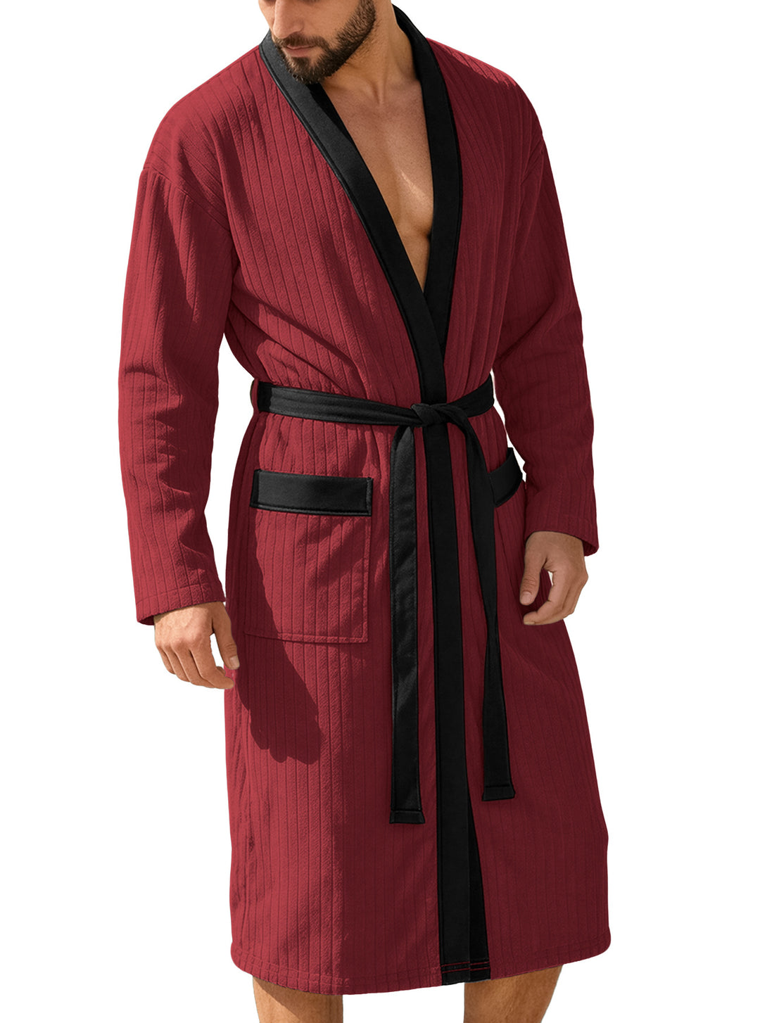 Herrer nan wadenlang Ribbadekåbe i kimono-stil med sjalkrave og kontrastpaspel Skovae