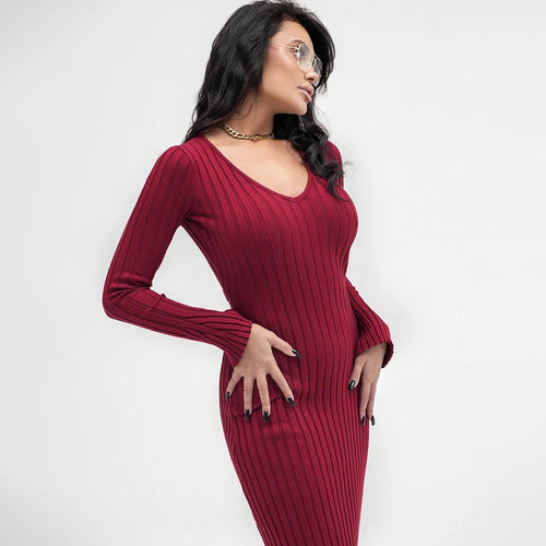 Femme Ribstrik Bodycon Midi Kjole med dyb V-udskæring Stilla