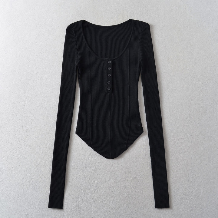 Dame Langærmet bodystocking i elegant ribdesign med knapstolpe Stilla