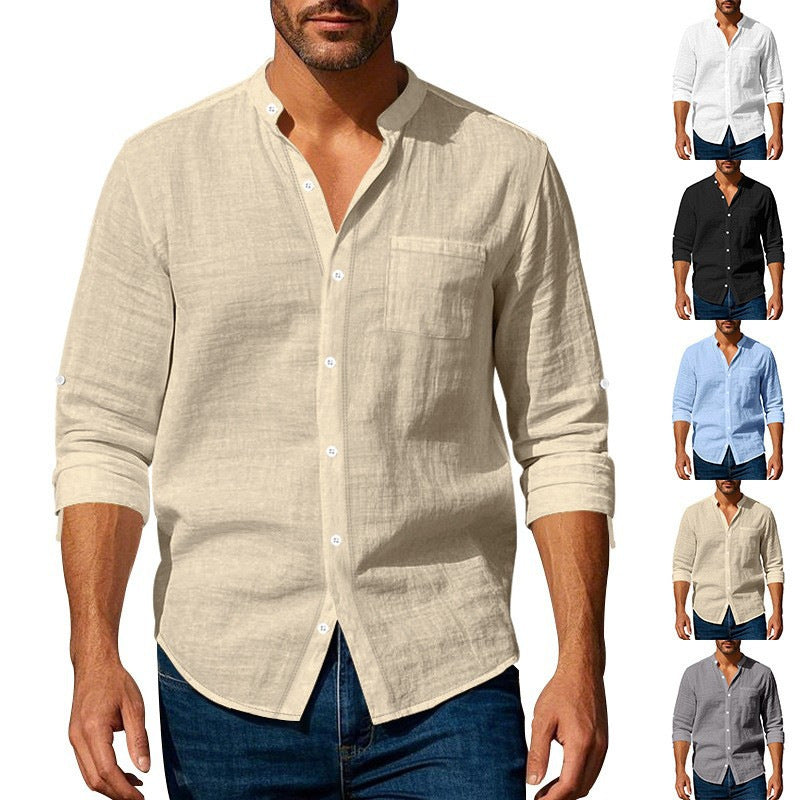 Herrer let linned shirt med praktisk ståkrave og brystlomme Stilla