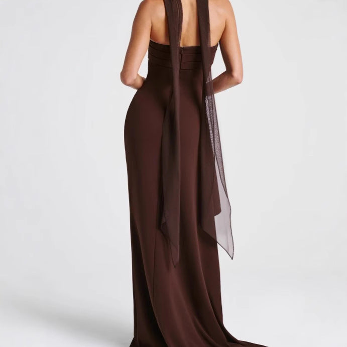 Femme Strapless Rüschen Satin Aftenkjole med Slids Stilla
