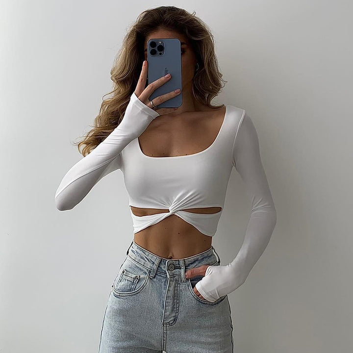 Dame Langærmet Crop Top med Knytedetalje og U-båd Udsnit Stilla