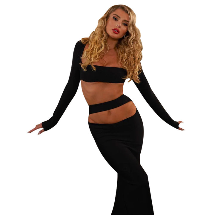 Dame sæt bestående af crop top og høj talje nederdel med lange ærmer Stilla