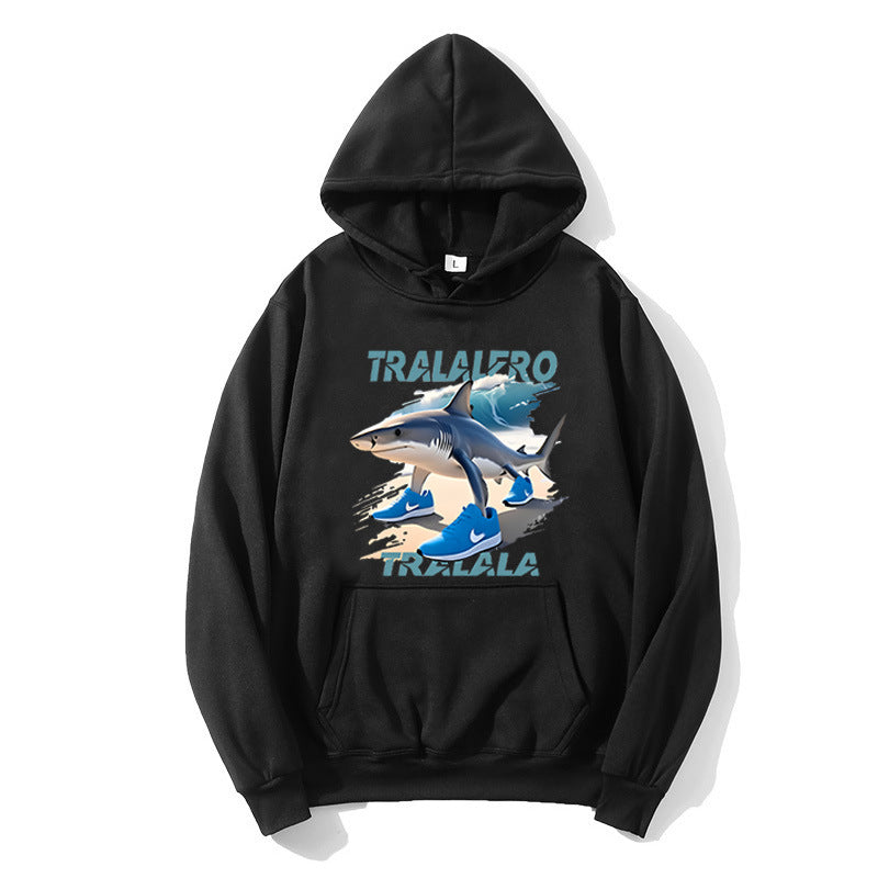 Dame hoodie med sjov hajmotiv og grafiske elementer Skovae