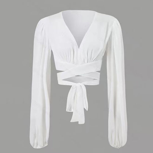 Dame indpakningsbluse med lange ærmer og elegant V-hals Skovae