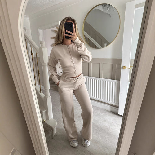 Kvinders afslappede cropped hættetrøje og joggingbukser sæt med elastisk talje Skovae