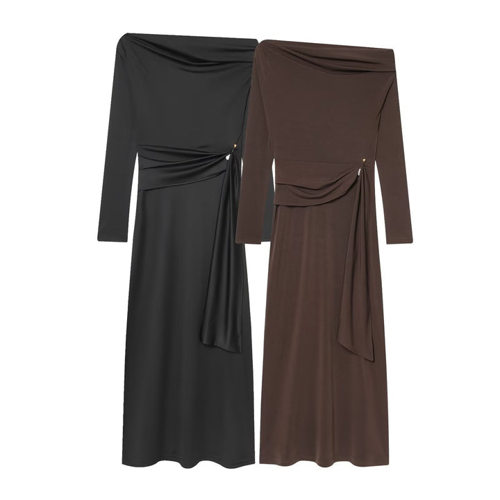 Damer elegant maxikjole med asymmetrisk udskæring og dekorativ drapering Skovae
