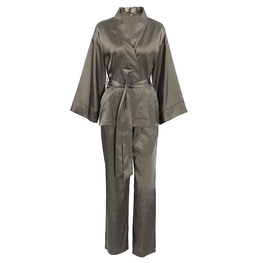 Dame Satin Pyjamas Sæt med elegant Kimono Overdel og brede Bukser Stilla