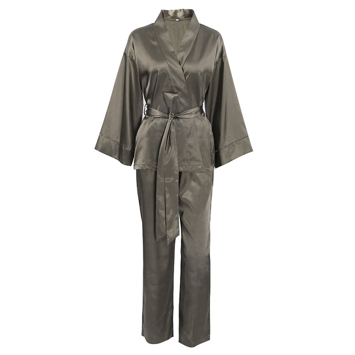 Dame Satin Pyjamas Sæt med elegant Kimono Overdel og brede Bukser Stilla