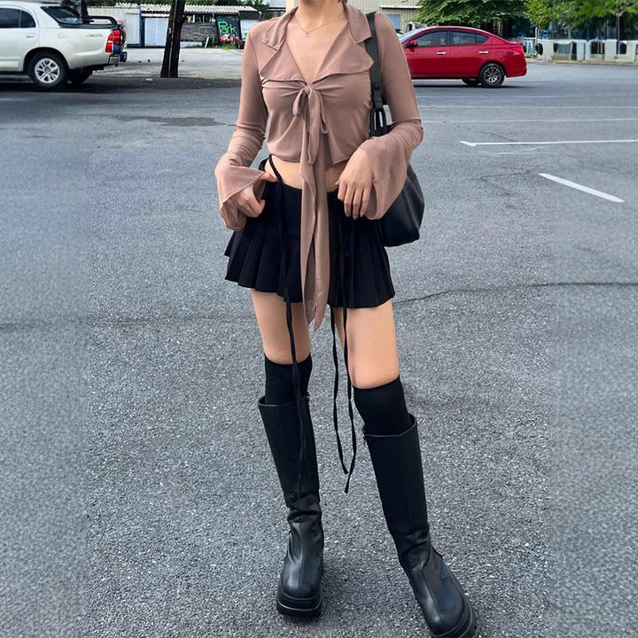 Dame moderigtig cropped bluse med knude Skovae