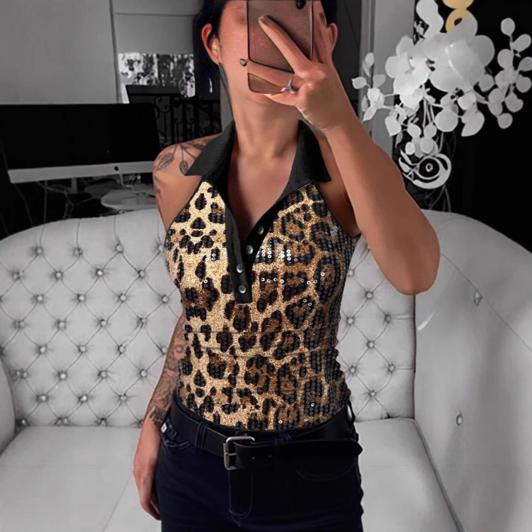 Dame polo shirt med glitrende pailletter og moderne leopardtryk Stilla