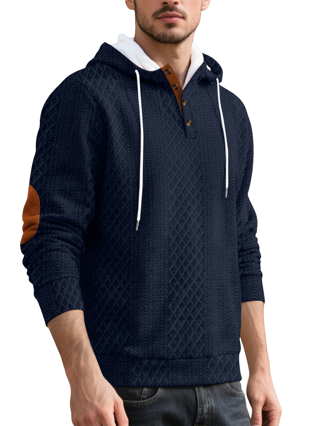 Herren nan Diamond-struktur hættepullover med kort knapliste, quiltet hætte inderside og ruskinds albuepatch Skovae