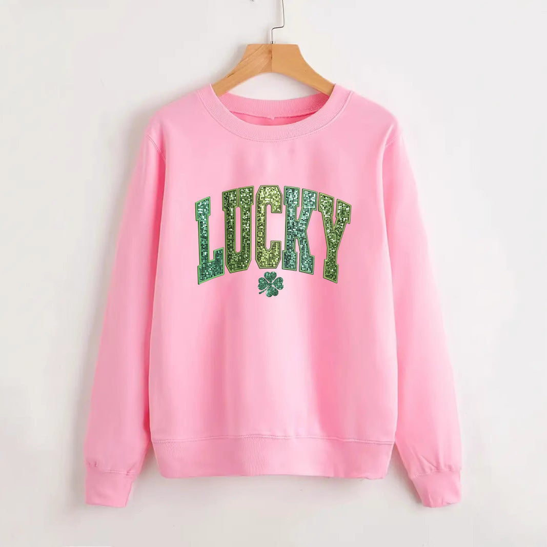 Dame casual sweatshirt med glitrende skrift og kløver motiv Stilla
