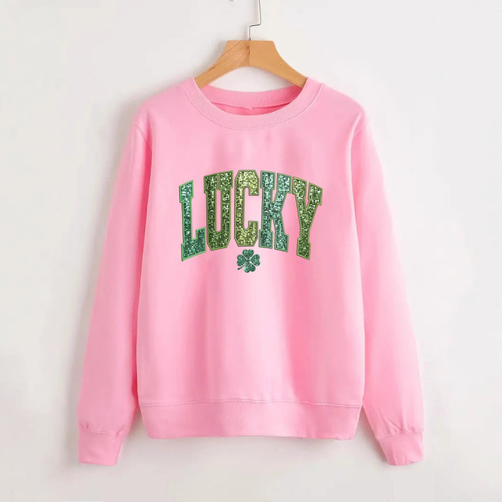 Dame casual sweatshirt med glitrende skrift og kløver motiv Stilla