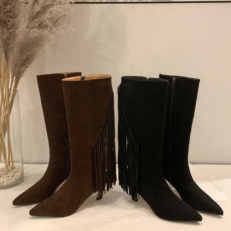 Femme Over-knæet Suilde Stiletto Støvler med Frynse Detaljer Stilla
