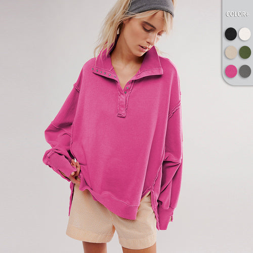 Dame afslappet sweater med trendy krave og knapstand Stilla