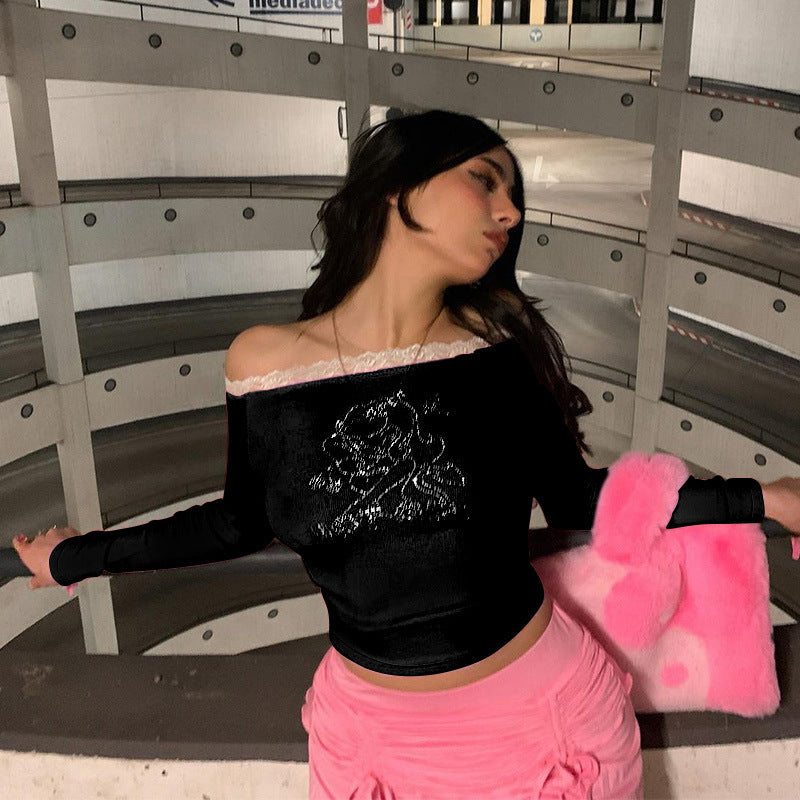 Dame Off-Shoulder Crop-Top med spidsede accenter og glimmerdetaljer Stilla
