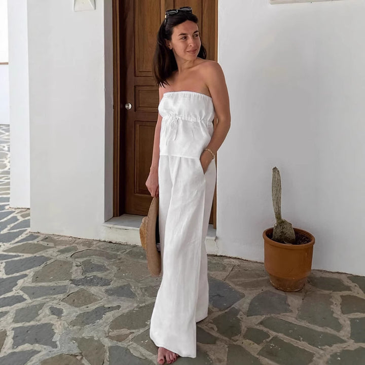 Dame To-delt Linnedress med off-shoulder Top og brede Bukser Stilla