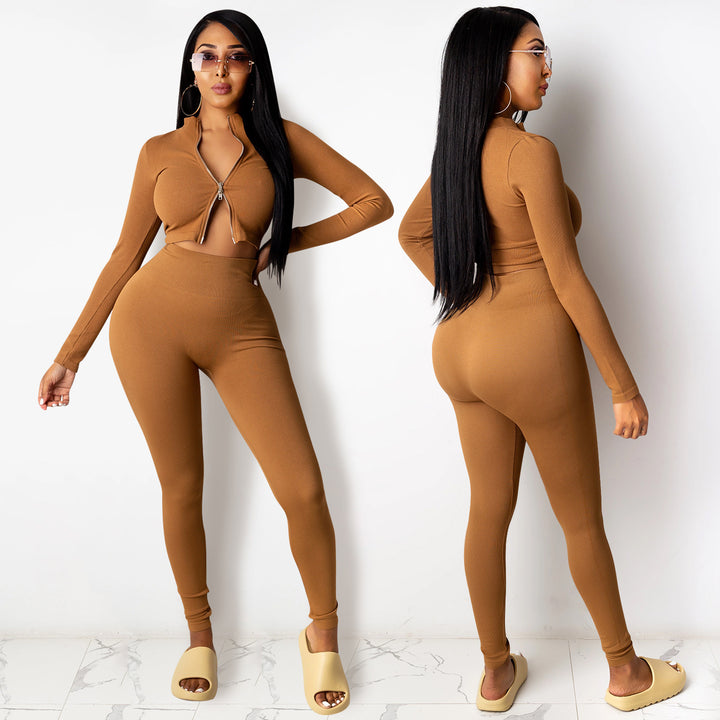 Dame Crop-Top og High-Waist Leggings Sæt med Lynlås Stilla