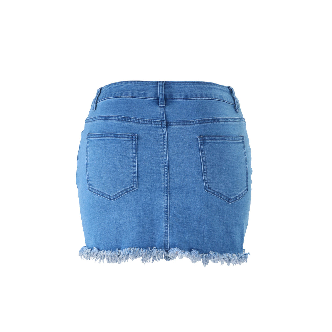 Dame denim-nederdel med frynset kant og høj talje Stilla