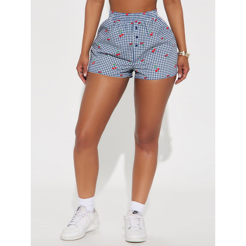 Damen Shorts mit fröhlichem Karomuster und verspieltem Fruchtprint Skovae