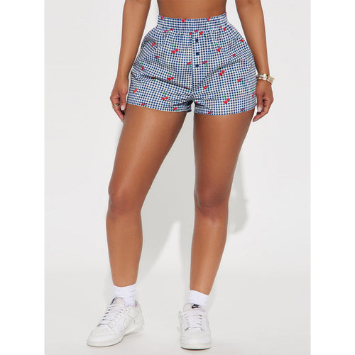 Damen Shorts mit fröhlichem Karomuster und verspieltem Fruchtprint Skovae