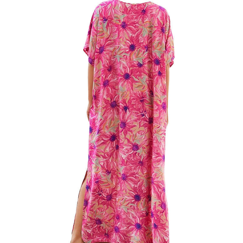 Dame strandkimono med legesygt blomsterdesign og sidelommer Stilla
