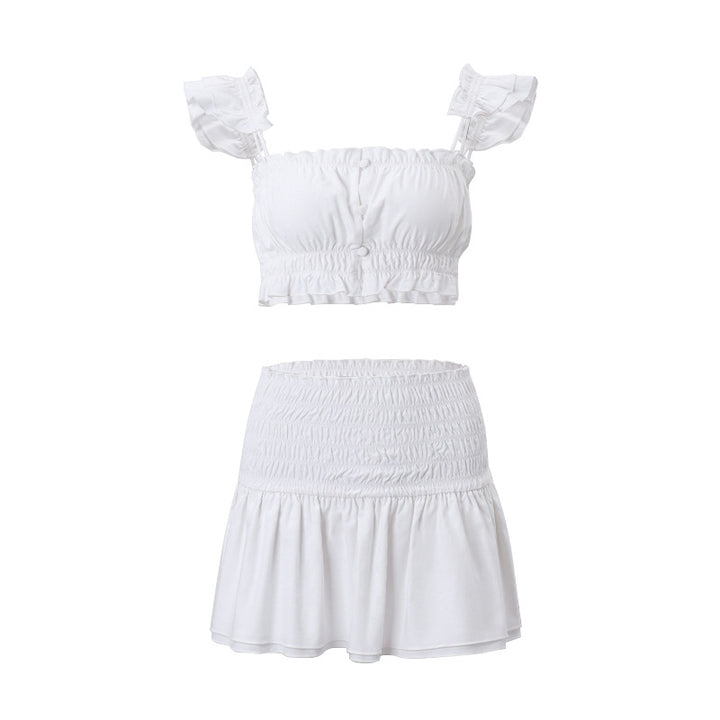 Dame Crop-Top og Nederdel-Sæt med Flæse-detaljer og Elastisk Talje Stilla