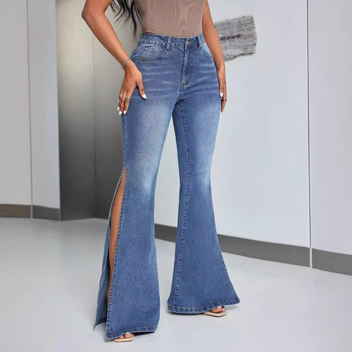 Kvindernes elegante højtaljede flagede jeans med sideslids Stilla
