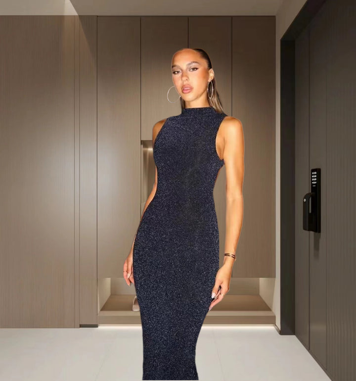 Dame Skinnende Maxikjole med tætsiddende snit og elegant High-Neck Stilla
