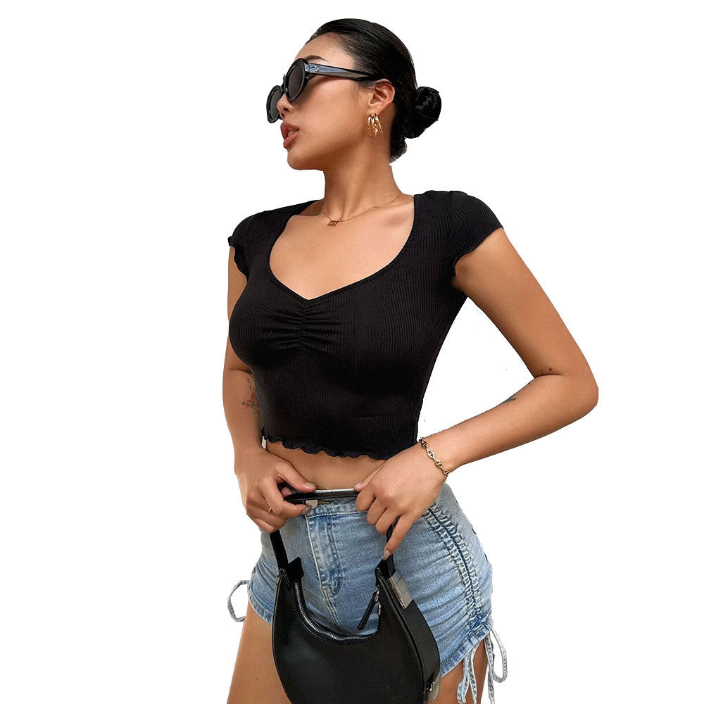 Kvinders cropped top med elastisk samling og trendy V-hals Stilla