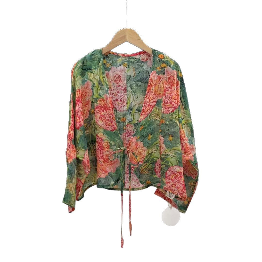 Femme Åben Front Blomster Mønster Kimono Jakke Stilla
