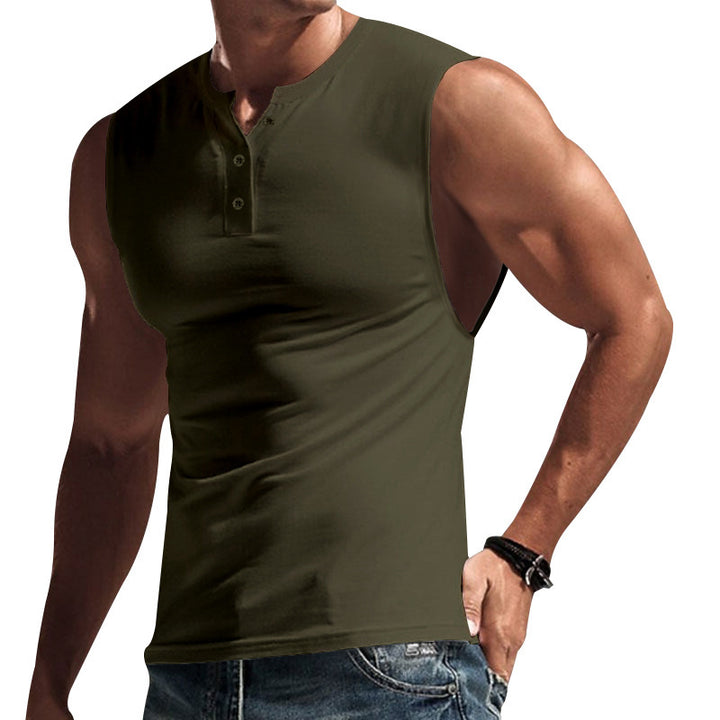 Herren ærmeløs muskelshirt med Henley-knaplukning, dyb armudskæring og elastisk bomuldsblanding Skovae