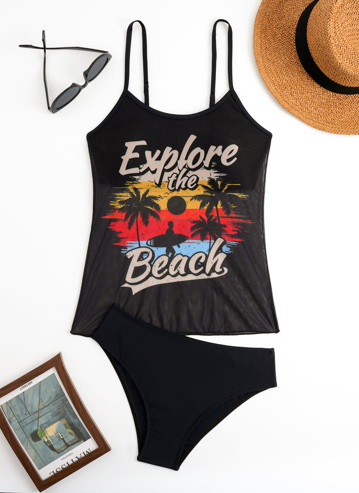 Dame Tankini-sæt med sporty grafikdesign og højtaljede trusser Skovae