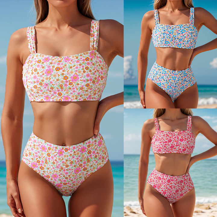 Dame Højskåret Bikini med Blomsterdesign og Brede Stropper Stilla