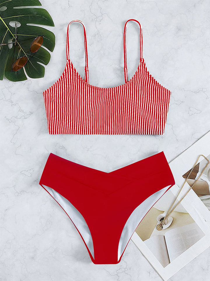Dame Sport-Bikini-Sæt med Stribemønster og Høj Talje Skovae
