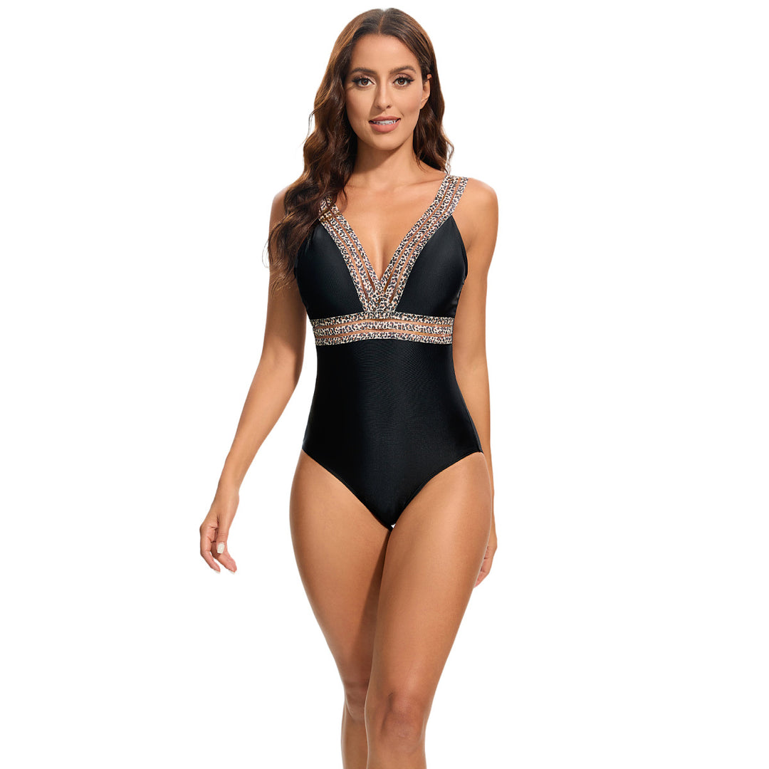 Dame Elegant One-Piece Swimsuit with Deep V-Neck and Sparkling Accents Skovae