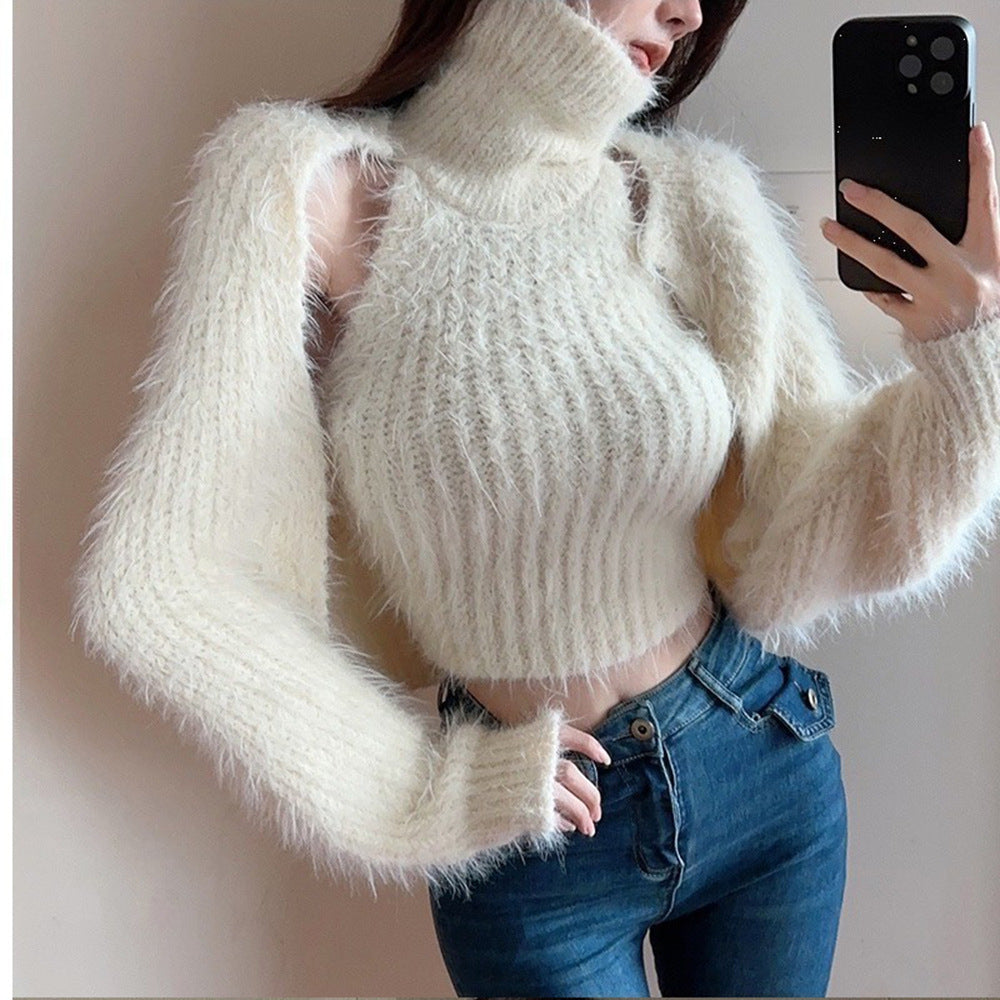 Femme Høj Krave Fuzzy Strikpullover med Klokkeærmer Stilla