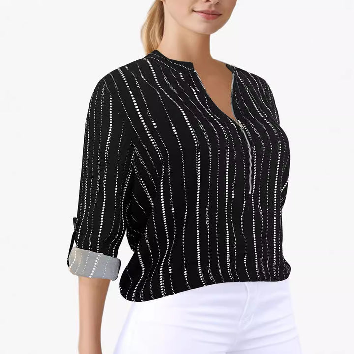Dame langærmet bluse med elegant opstående krave og stribet mønster Stilla