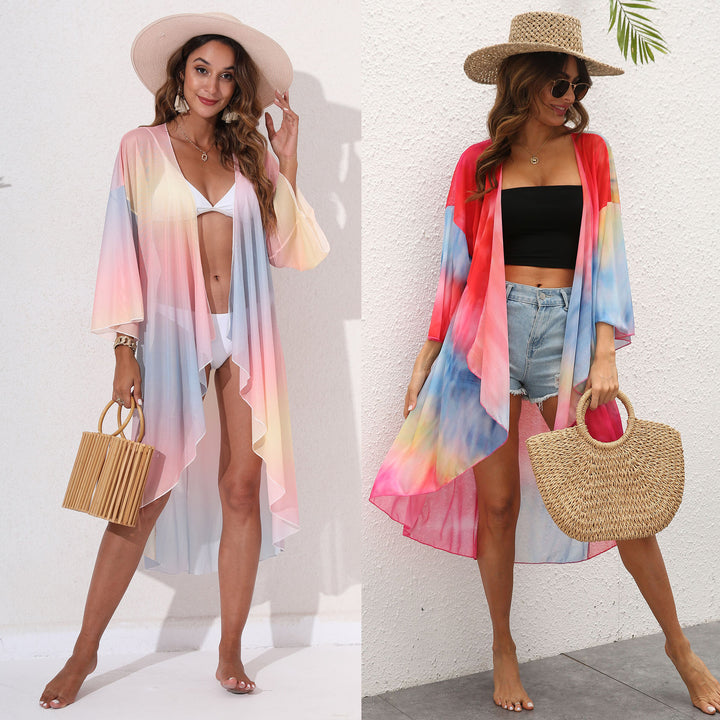 Dame elegant strandkimono med farverigt tie-dye-design Skovae