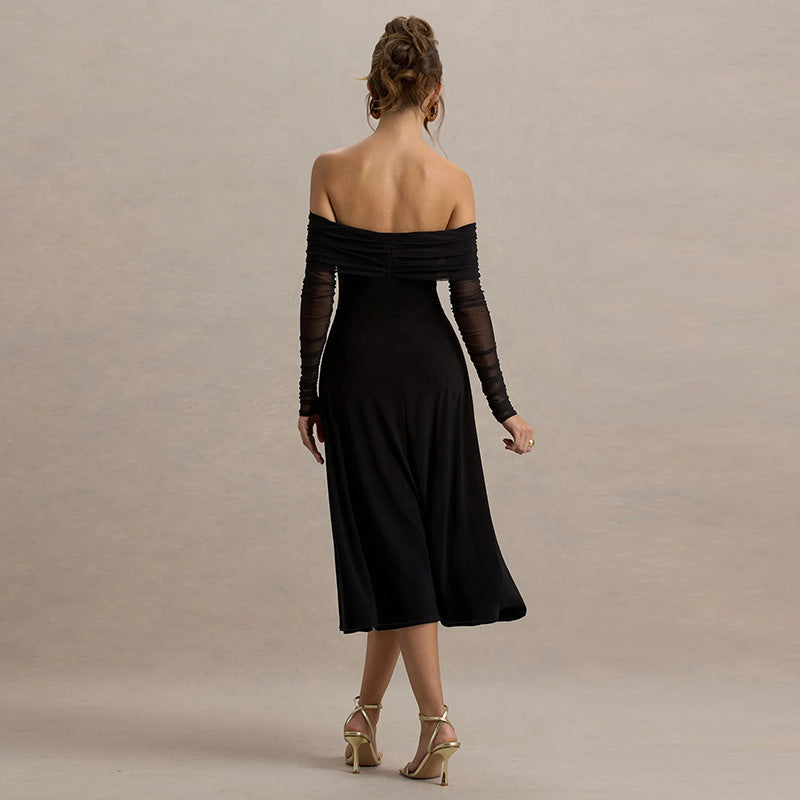 Damer elegant off-shoulder midi-kjole med flæse-detaljer og gennemsigtige ærmer Skovae