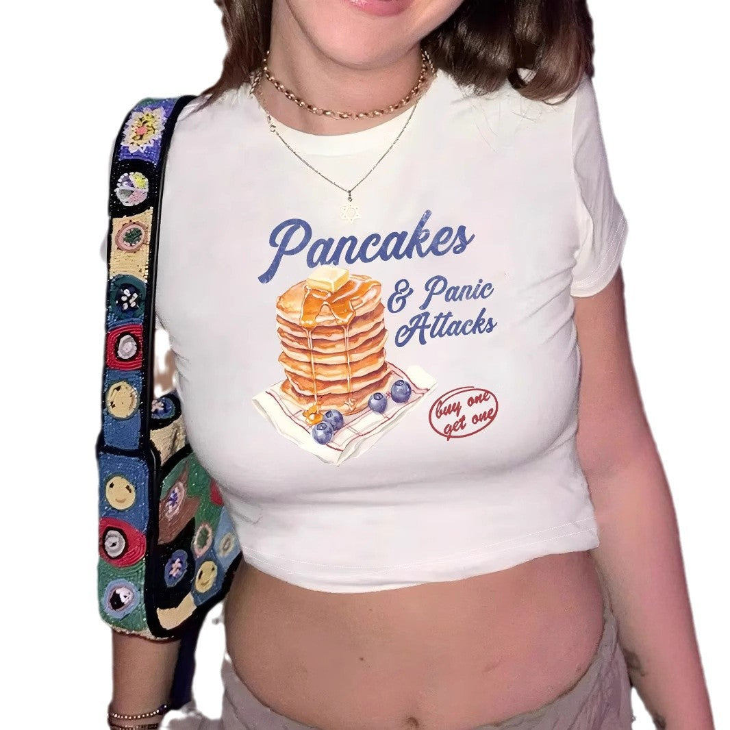 Dame Crop-T-Shirt med humoristisk pandekage-design Skovae