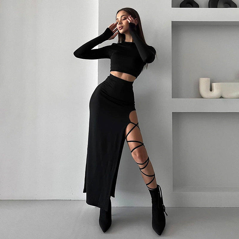 Dame elegant langærmet top med høj talje og sideløst cut-out Skovae
