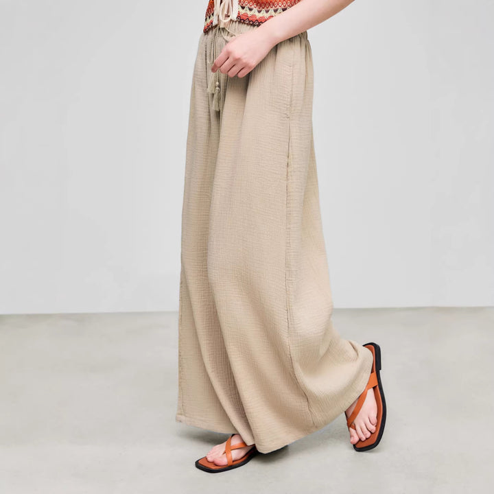 Dame bred sommerbukser i afslappet boho-stil med elastisk talje og sidelommer Skovae