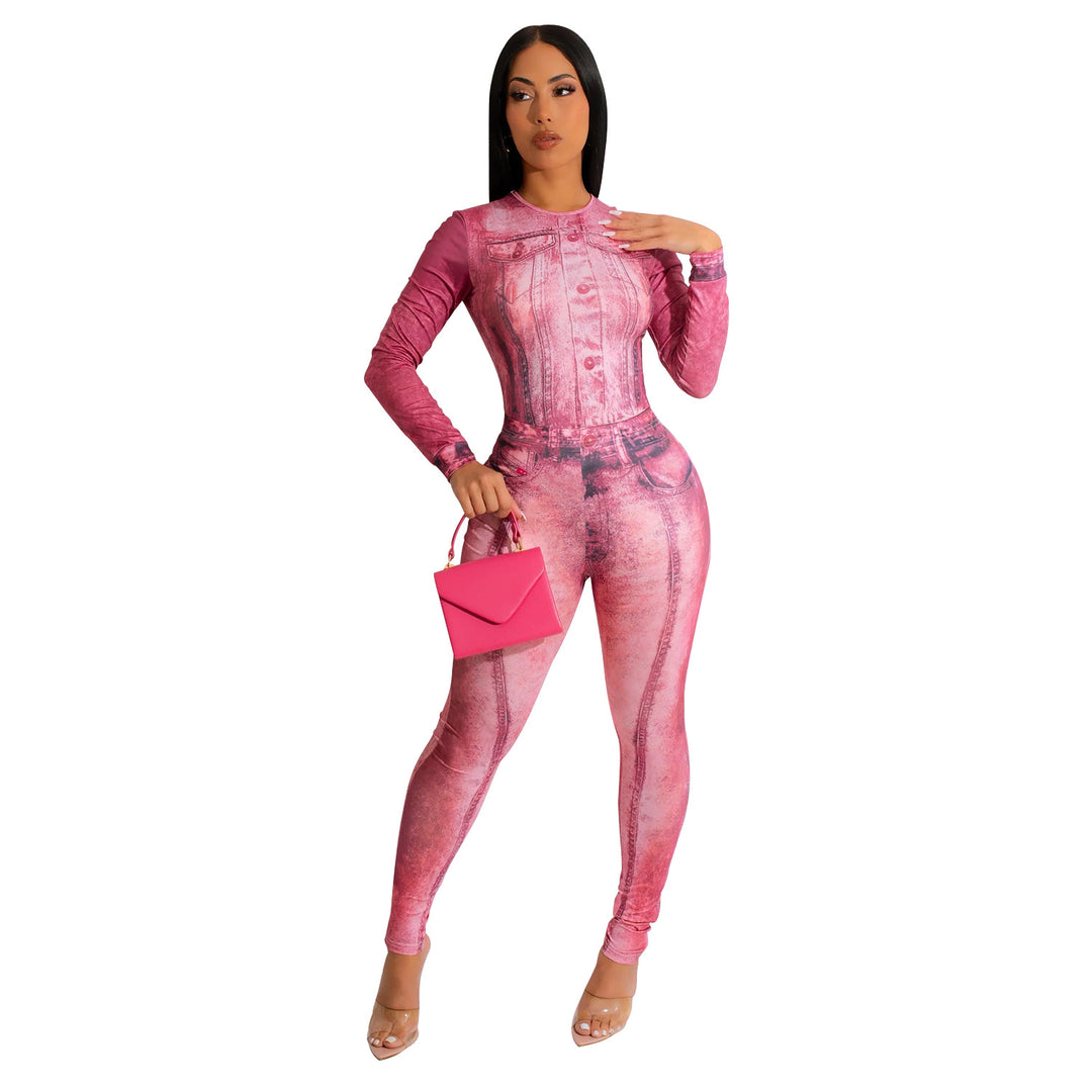 Damer Denim Tryk Langærmet Bodystocking Stilla