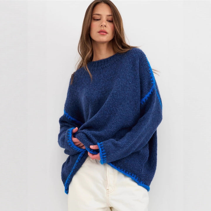 Kvinders afslappede strik sweater med farveaccentueret kant Stilla