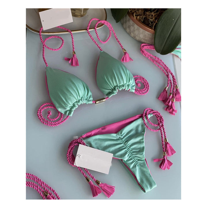 Dame triangel-bikini med moderne leopardmønster og dekorative frynser Skovae