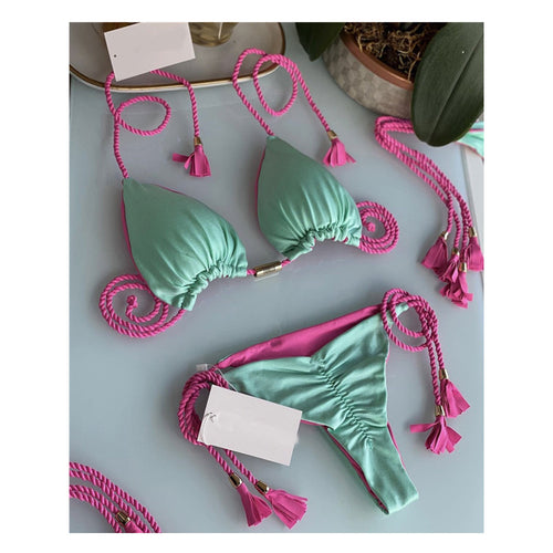 Dame triangel-bikini med moderne leopardmønster og dekorative frynser Skovae